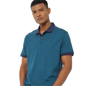 Calvin Klein Teal Navy Thin Stripes Liquid Touch Cotton Polo Shirt‎